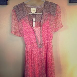 Anthropologie mid-length pink floral sheer dress